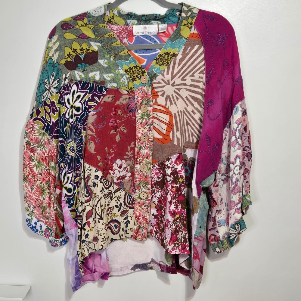 Sacred Threads Bohemian Indie Patchwork Rayon Button up Kimono Top Blouse Size S - Picture 2 of 12